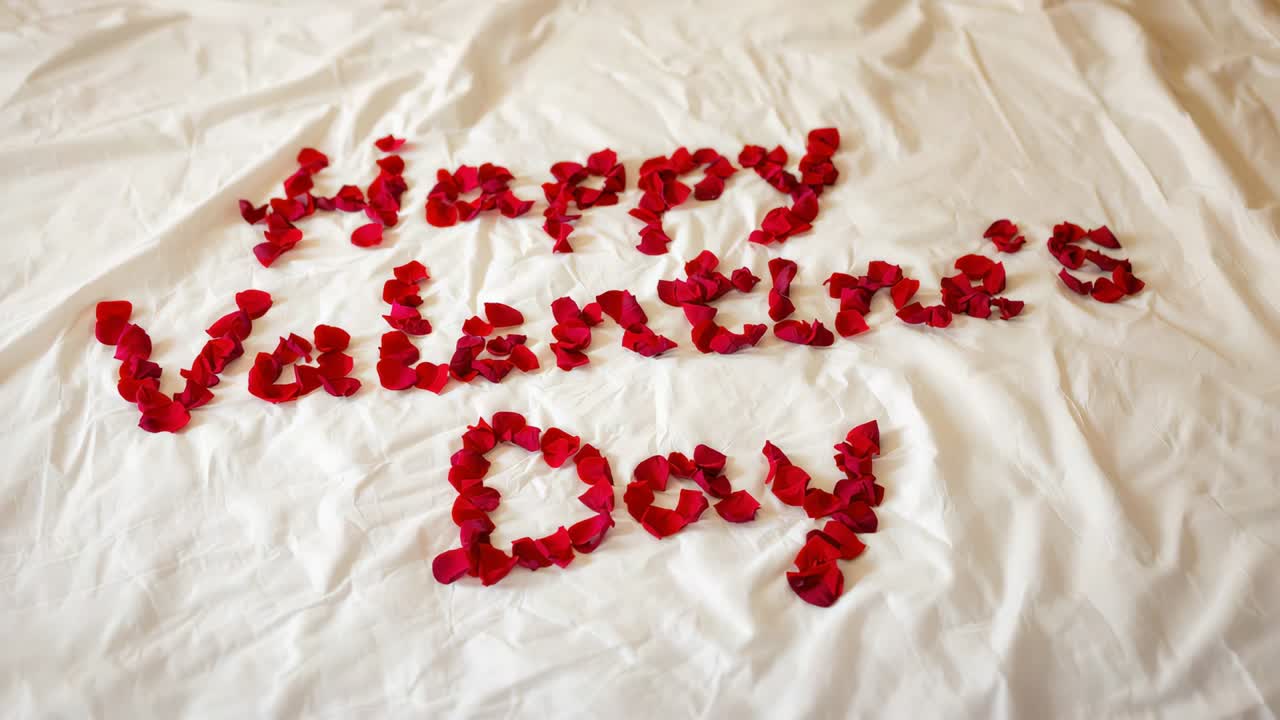 Moving camera revealing red rose petals spelling Happy Valentine's Day on white sheet in soft light