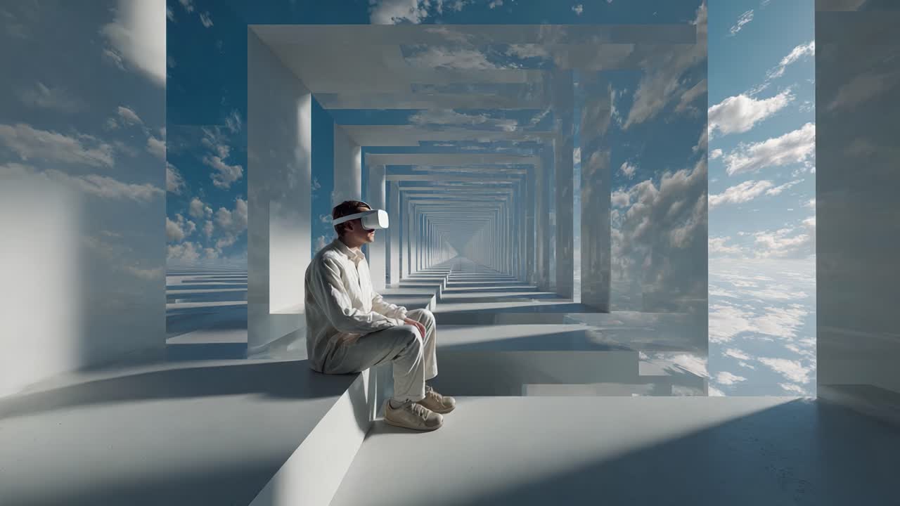 A Person Wearing Virtual Reality Goggles Sits Contemplatively in a Futuristic, Surreal Space, Surrounded by Illusory Endless Perspectives of Blue Skies and Cloud Reflections in a Minimalist Environment