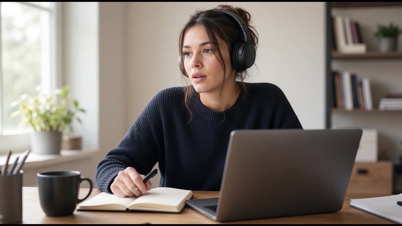 Young Woman Studying with Laptop and Headphones at Home Desk