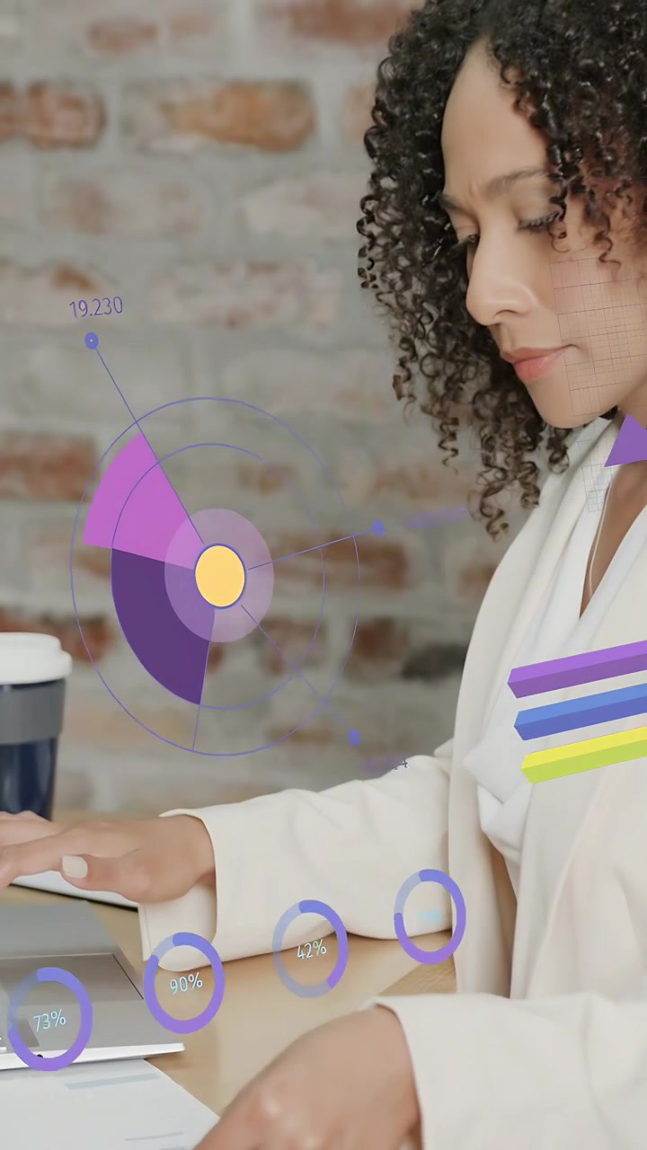 Vertical video: Woman touching tablet, grabbing docs at desk, starting animated charts for finance