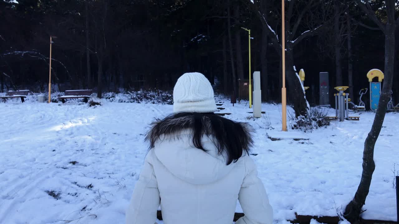 겨울 동안 어두운 숲으로 들어가는 혼자 여자