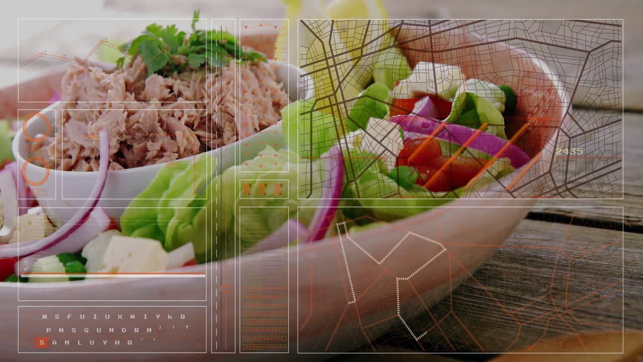 Salad and tuna dish with digital data processing animation overlay
