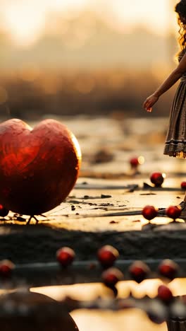 a girl in a dress explores a giant heart among scattered fruits at sunrise