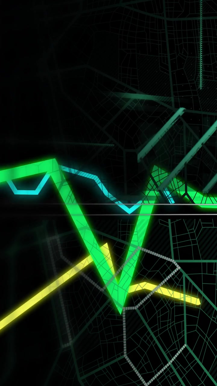 Video verticale: Tracce neon a zigzag che entrano da sinistra, si estendono, si immergono, rimbalzano e si stabilizzano, mostrando tendenze.