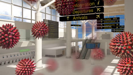 animation of macro coronavirus covid-19 cells spreading over an empty corridor in an airport lounge