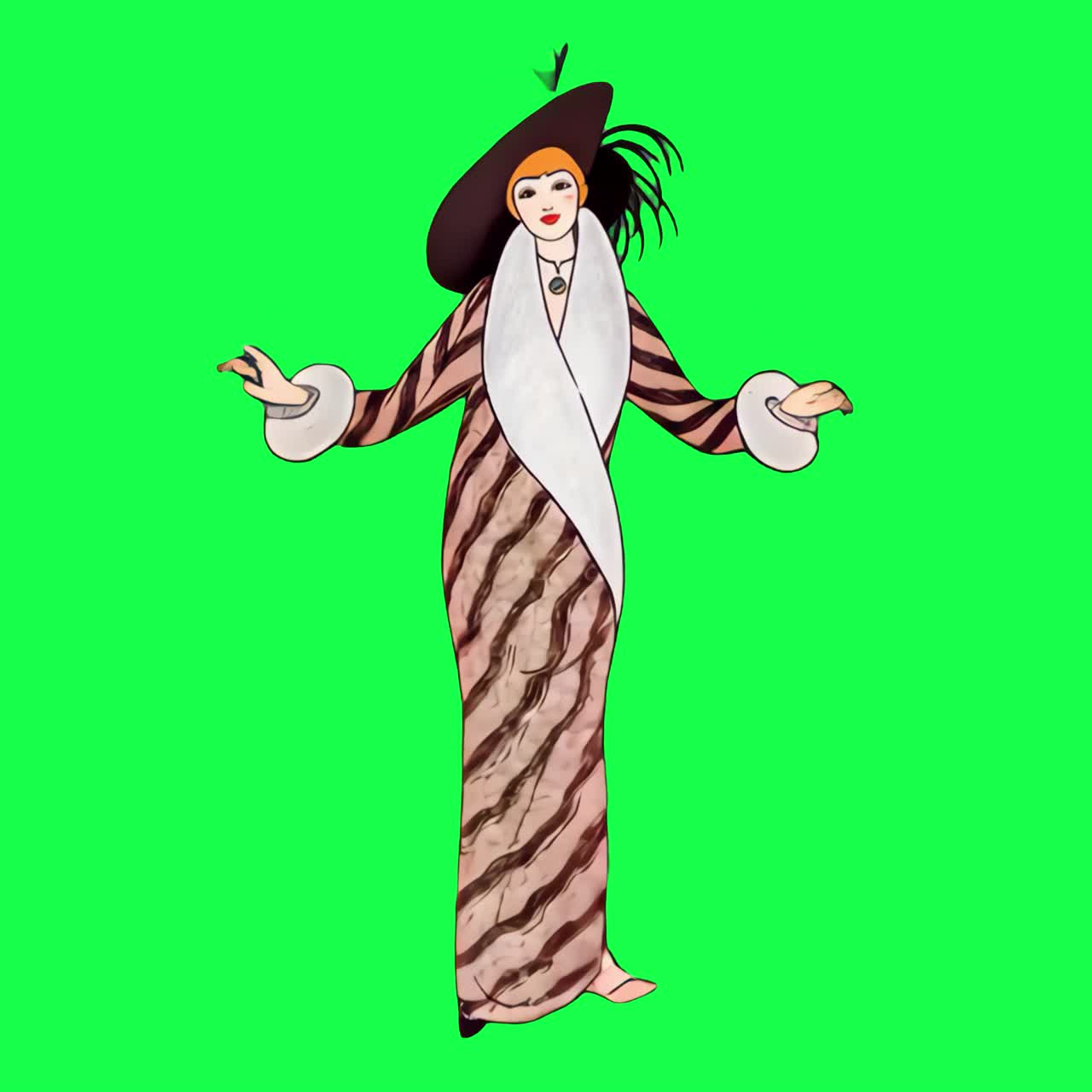 Animazione elegante di illustrazione di moda vintage, video 4K trasparente, green screen