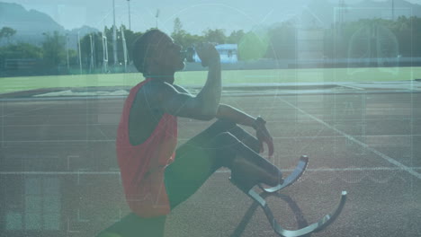 drinking water on track, athlete with prosthetic legs and data overlay animation