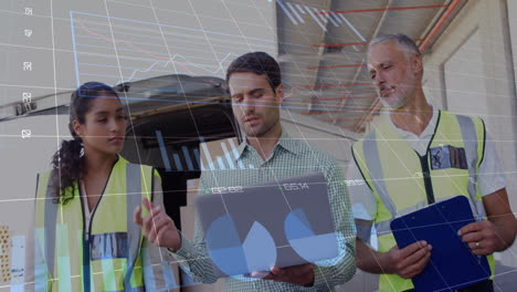 animation of data processing and diagrams over diverse colleagues using tablet at warehouse