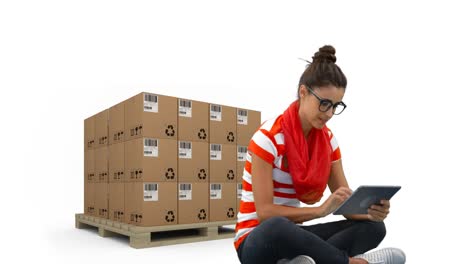 animation of woman using tablet with stacks of boxes on white background