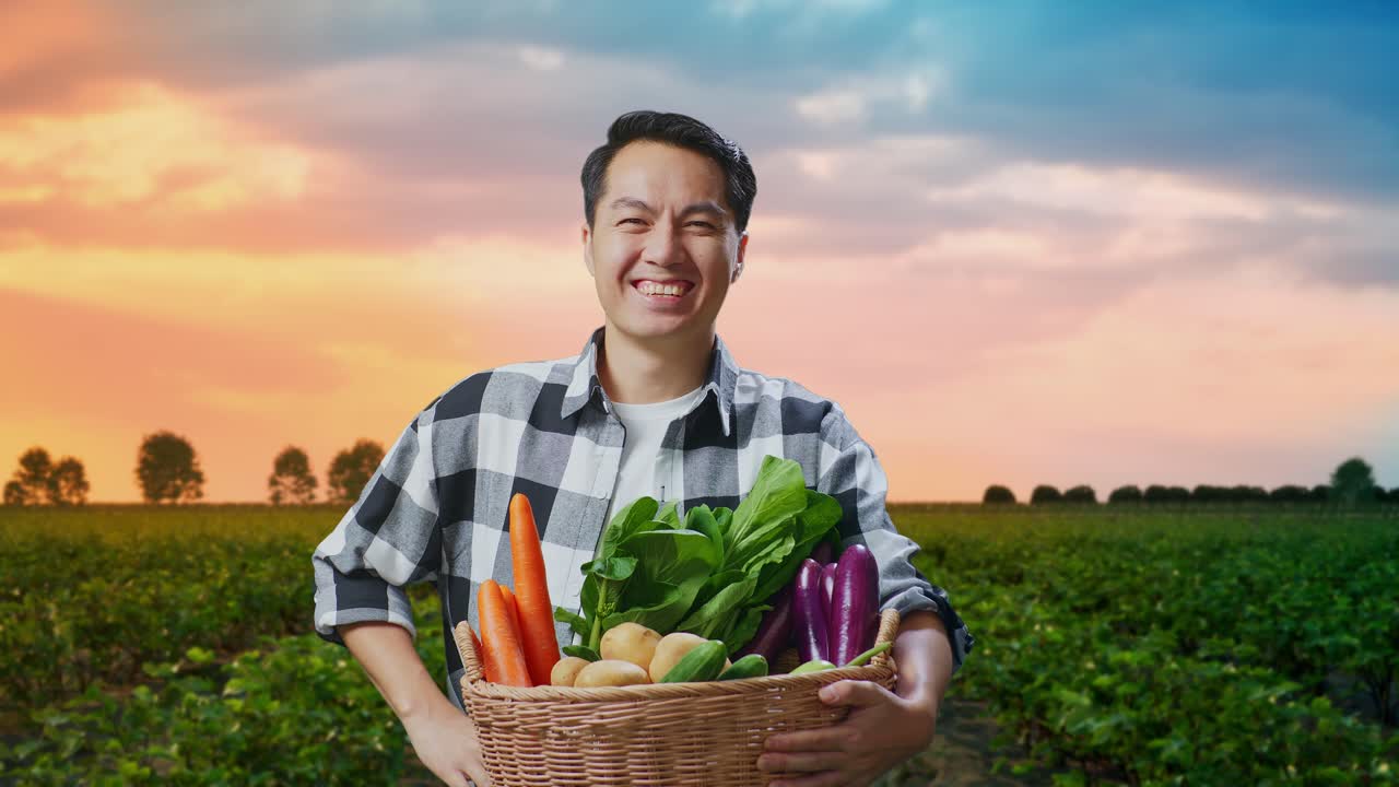 신선 한 수확 을 얻은 행복 한 농부
