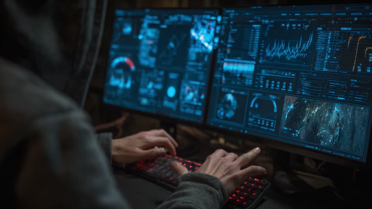 A skilled hacker operates advanced computer systems, analyzing complex data displays and engaging in digital intelligence activities in a cyber-focused environment