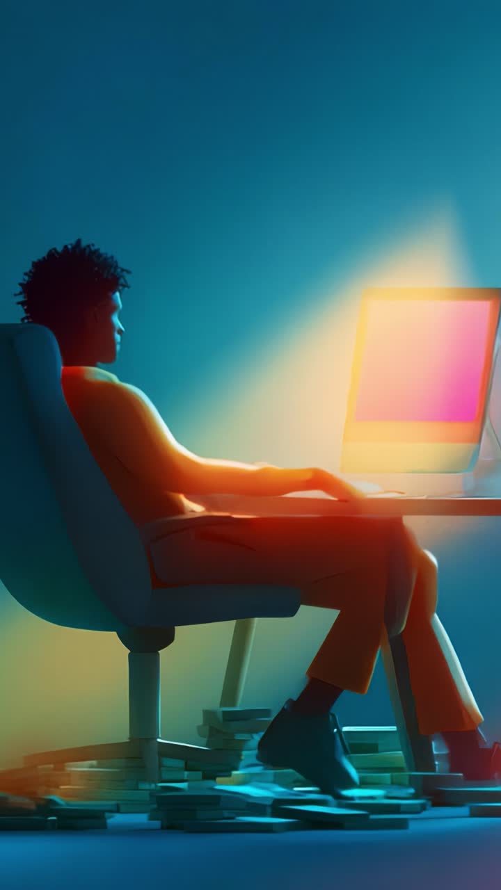 A contemplative figure immersed in digital creation, surrounded by stacks of papers, illuminated by a computer screen, symbolizing creativity and focus in a vibrant atmosphere