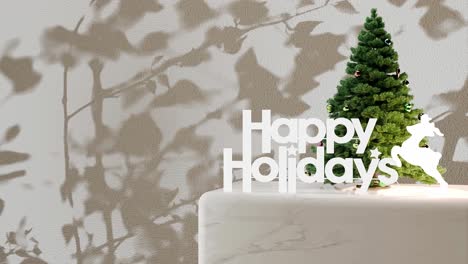 small christmas tree with "happy holidays" sign on marble platform with white floral shadow background