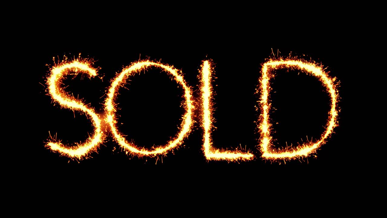 Sold text sparkler writing with glitter sparks particles firework on black 4k loop background sale