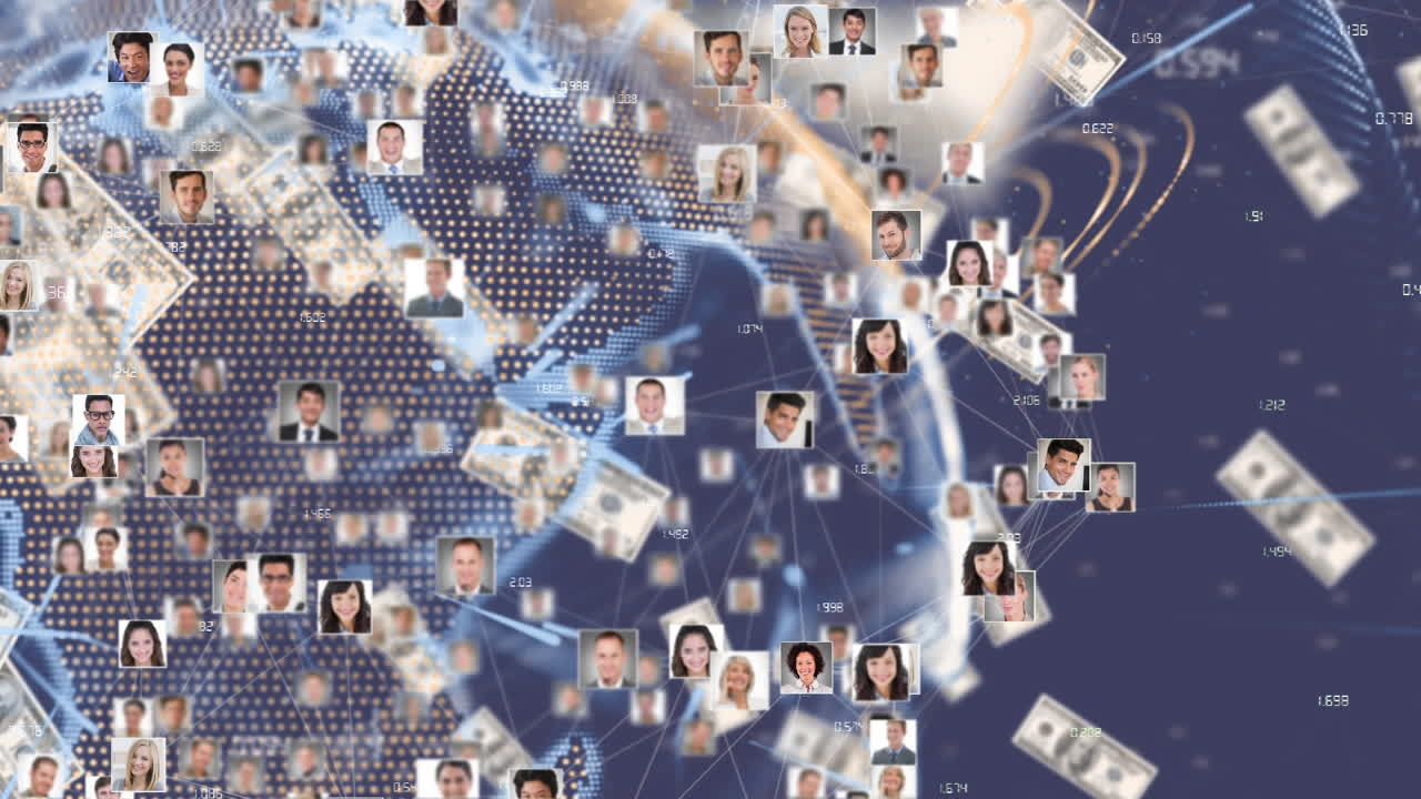 지구를 형성하는 여러 사진의 연결 네트워크의 애니메이션