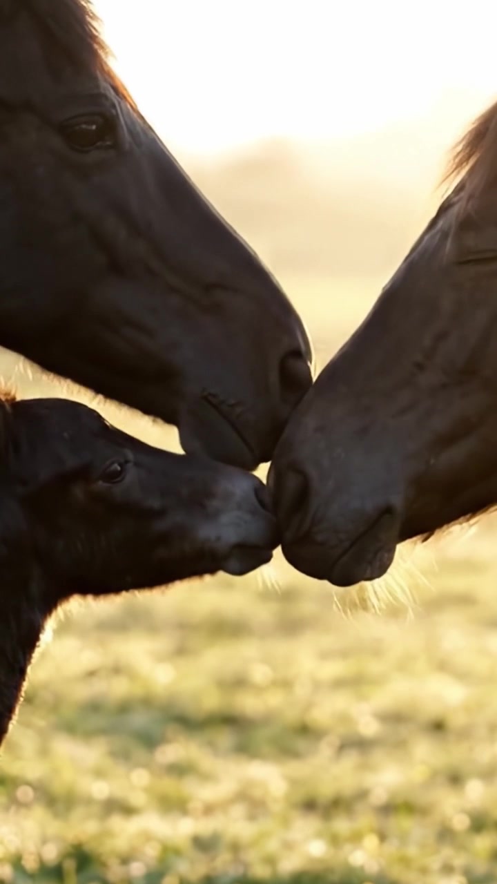 Momento Sereno do Nascer do Sol: Uma Égua e Seu Potro Silhuetados Contra o Brilho Dourado do Amanhecer em um Pasto Tranquilo