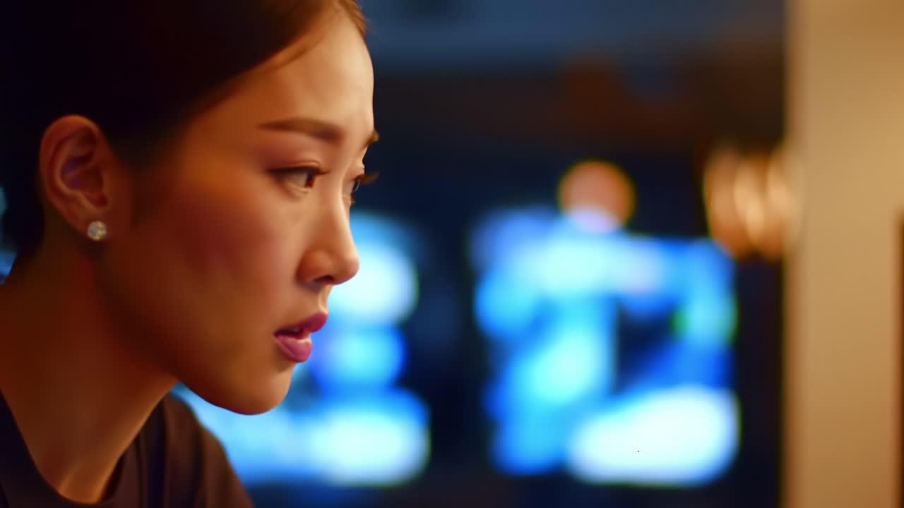 Exquisite Focus: Capturing Emotions in a Woman's Profile as She Engages with Her Surroundings in a Modern Environment