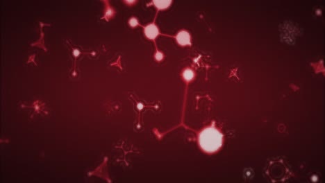 animación de múltiples moléculas rojas brillantes en 3d que se mueven y giran en un bucle sin costuras en repetición en