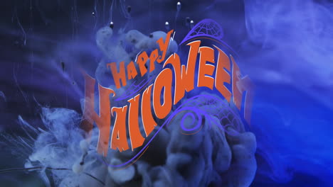 animation of happy halloween text and blue smoke background