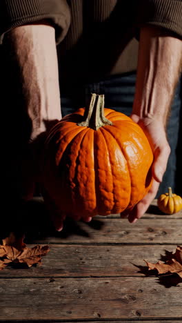hands placing an orange pumpkin on a rustic wooden table