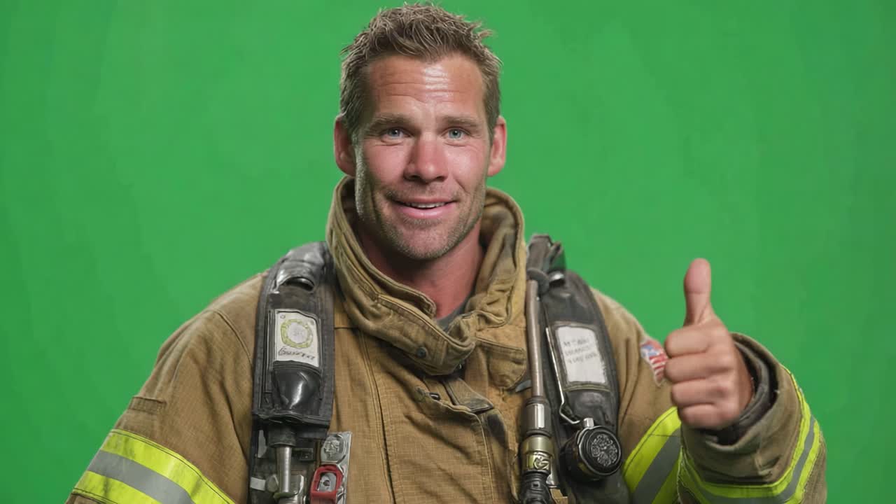 A Confident Firefighter Poses for the Camera in a Protective Uniform, Showcasing Commitment and Dedication to Fire Safety in a Green Screen Environment
