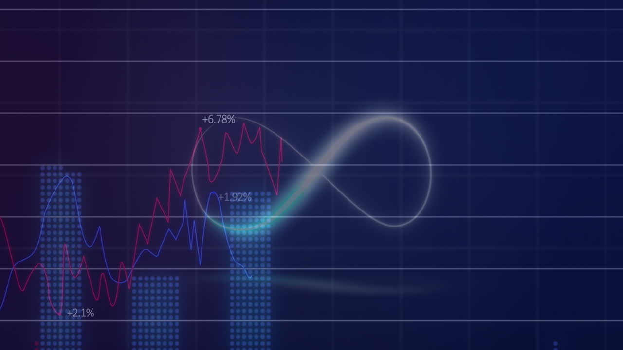 Animation of neon infinity symbol over statistical data processing against blue background