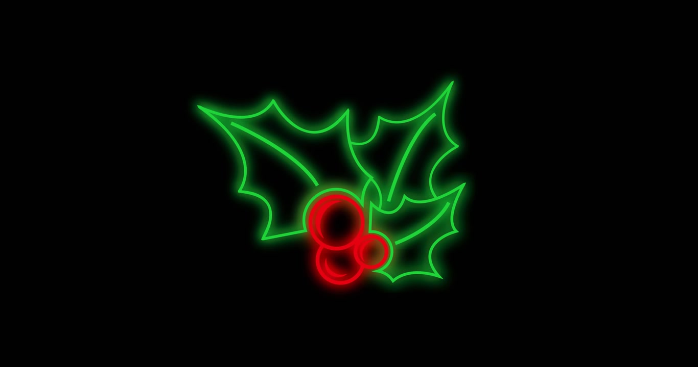 Animazione di agrifoglio natalizio al neon su sfondo nero.