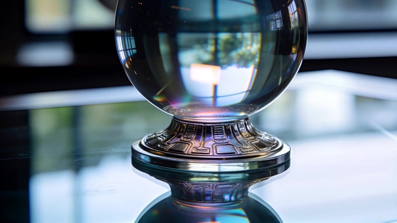 Rivelando una sfera trasparente su un piedistallo ornato su un tavolo di casa che riflette una grande finestra mentre la telecamera si allontana.