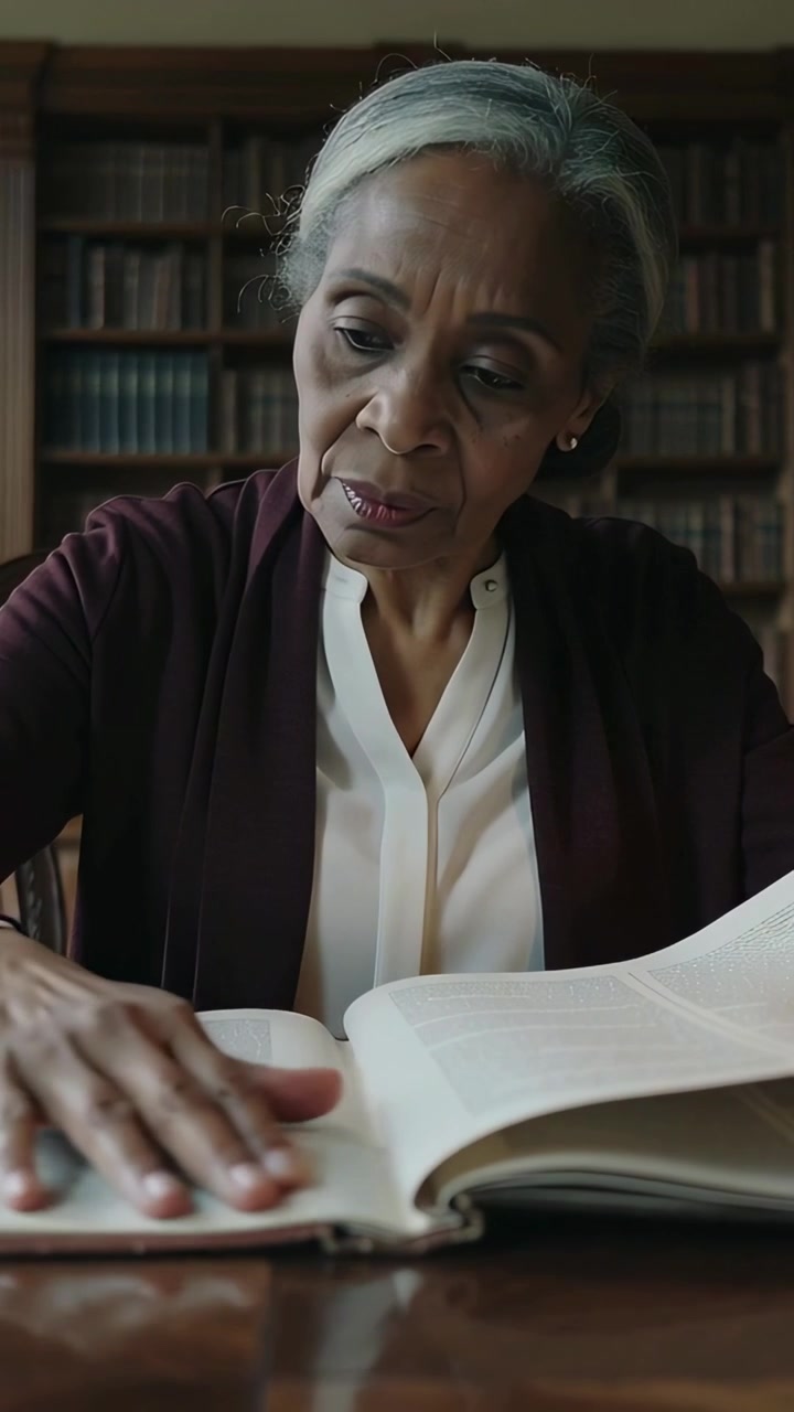 Video verticale: Donna con cardigan che solleva una pagina, gira e legge un foglio al tavolo della biblioteca facendo ricerche