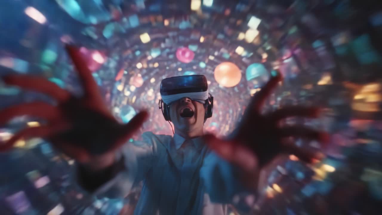 An immersive experience in virtual reality as a user engages with a vibrant, colorful digital environment, reaching out in excitement amidst swirling bubbles and glowing lights