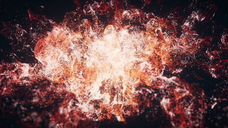 Red flowing particles with explosive wave effect, 3d rendering.