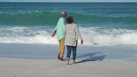 senior couple walking through the beach