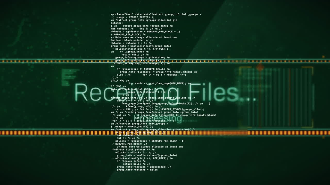 Animation of receiving files text banner and scanner over data processing against green background