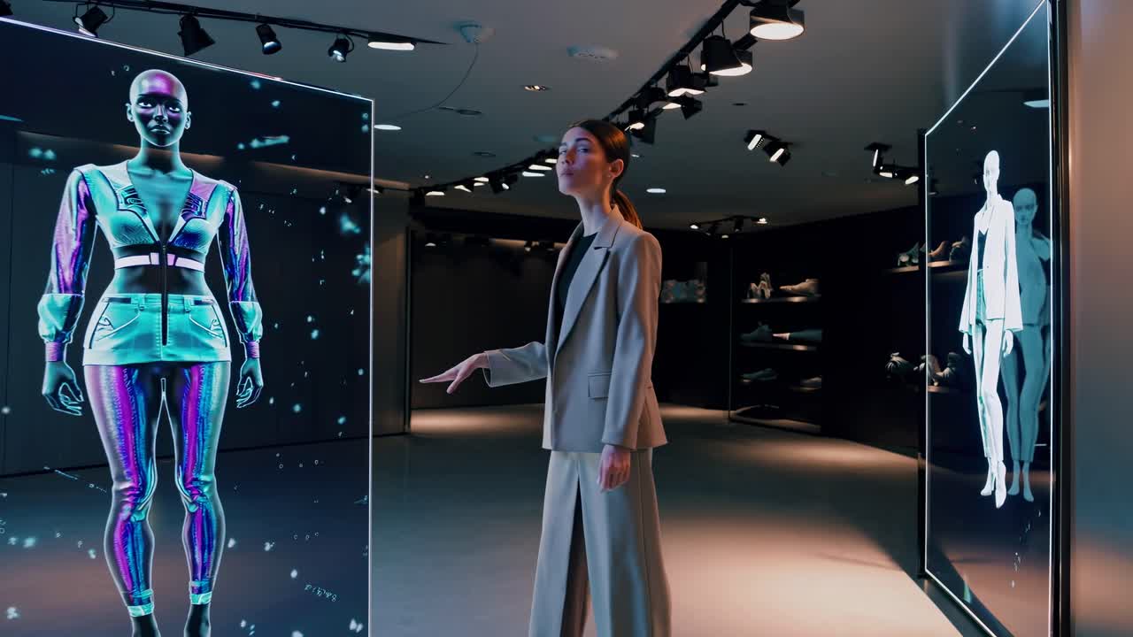 Woman Interacting with Virtual Fashion on a Transparent Holographic Display