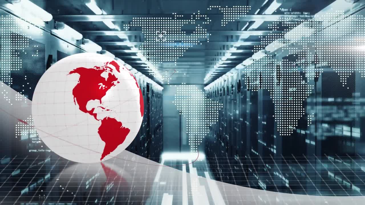 Animation of spinning globe, data processing and world map against computer server room