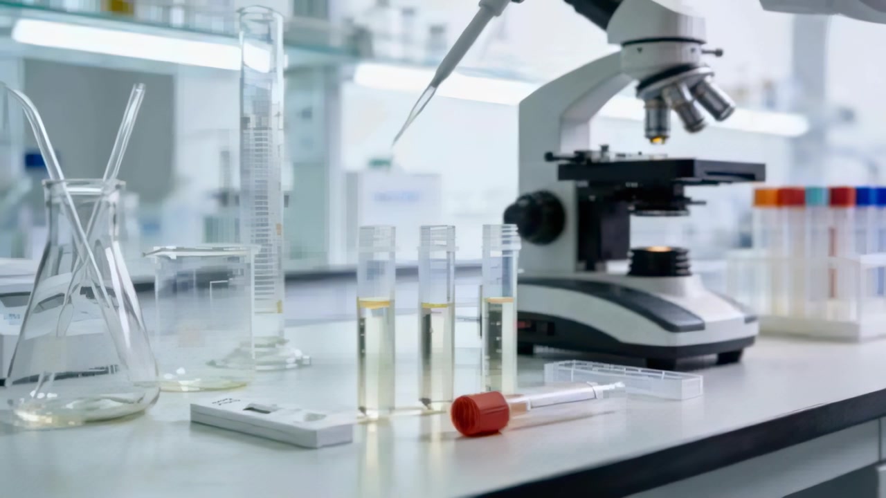 Entering frame, gloved hand micropipette dispensing into center tube of 3 at lab bench for testing