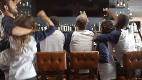 rear view of friends watching game in sports bar celebrating