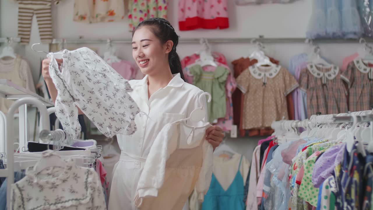 아이의 부티크에서 아기 옷을 구입하는 여자