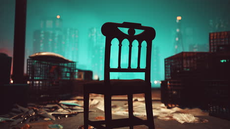 a lonely chair in a futuristic city