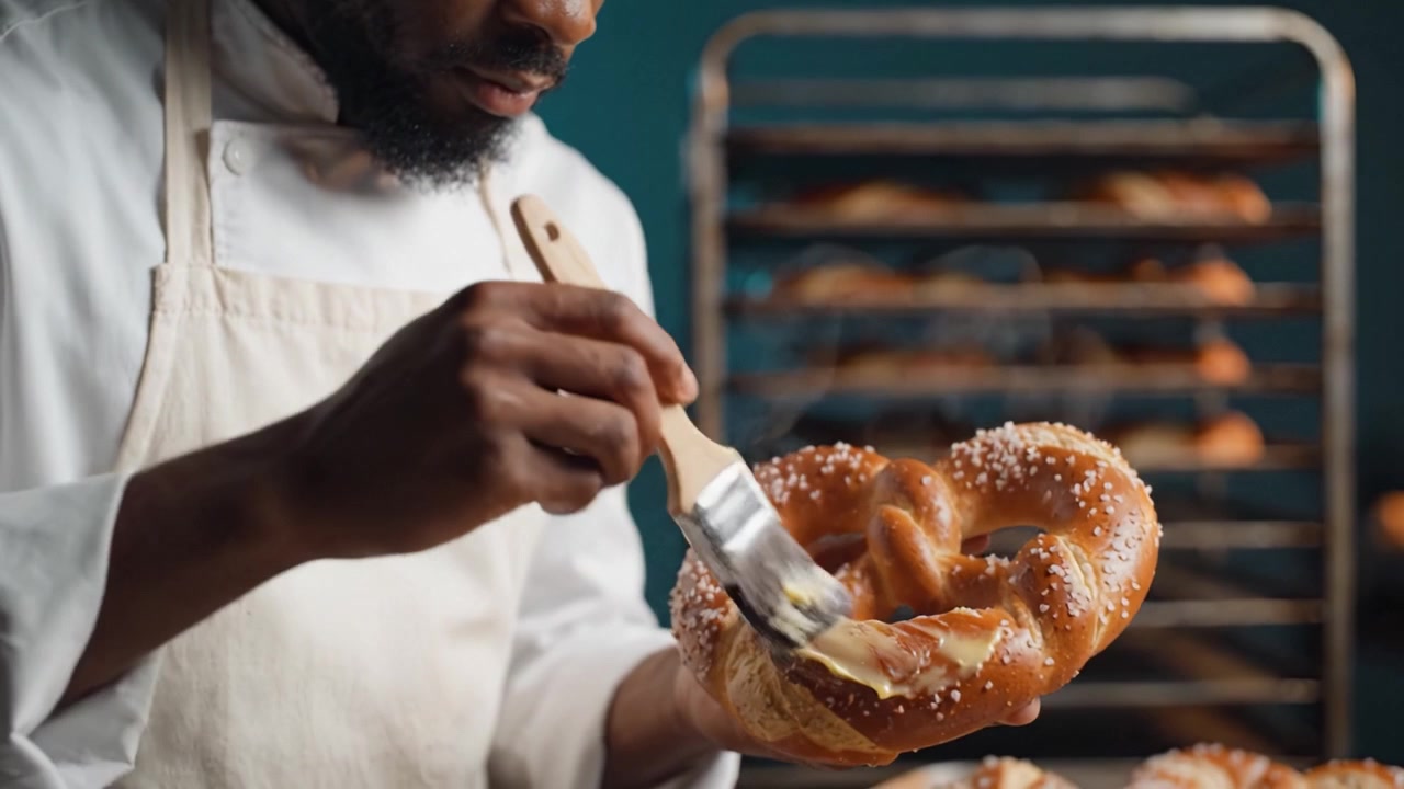 Artisan Baker Preparing Freshly Baked Pretzels with Butter and Sesame Seeds for a Delicious Gourmet Experience in a Professional Bakery Setting