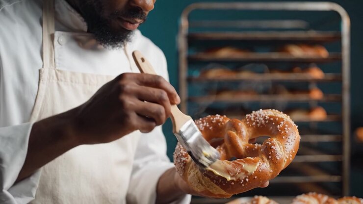 Artisan Baker Preparing Freshly Baked Pretzels with Butter and Sesame Seeds for a Delicious Gourmet Experience in a Professional Bakery Setting