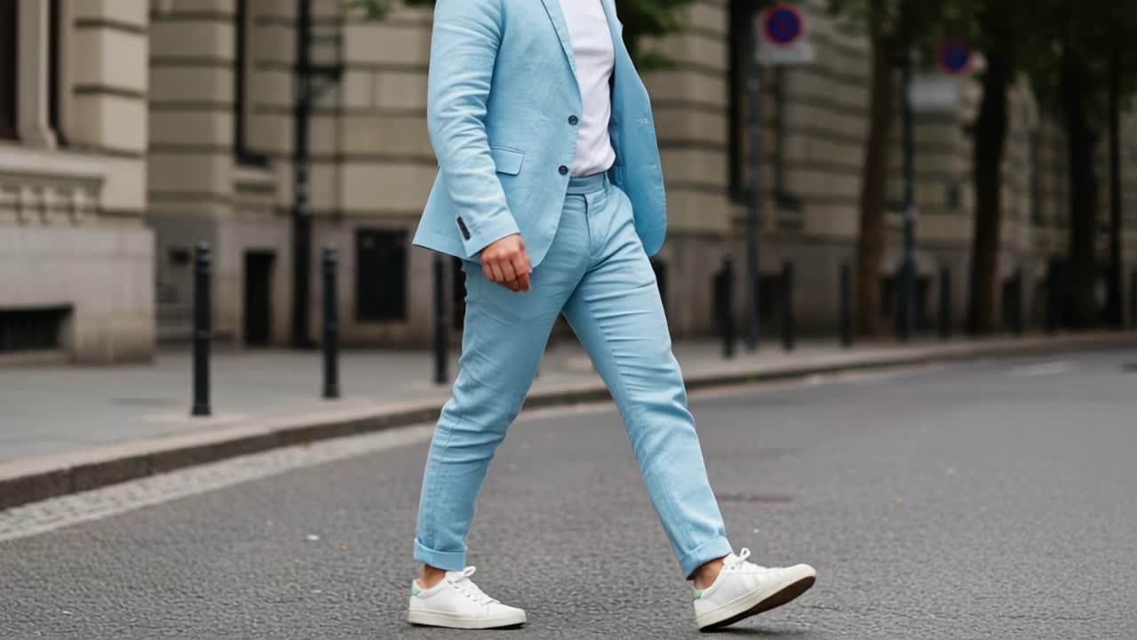 A stylishly dressed individual in a light blue suit and sneakers confidently walks along a city sidewalk, embodying modern fashion and casual sophistication.