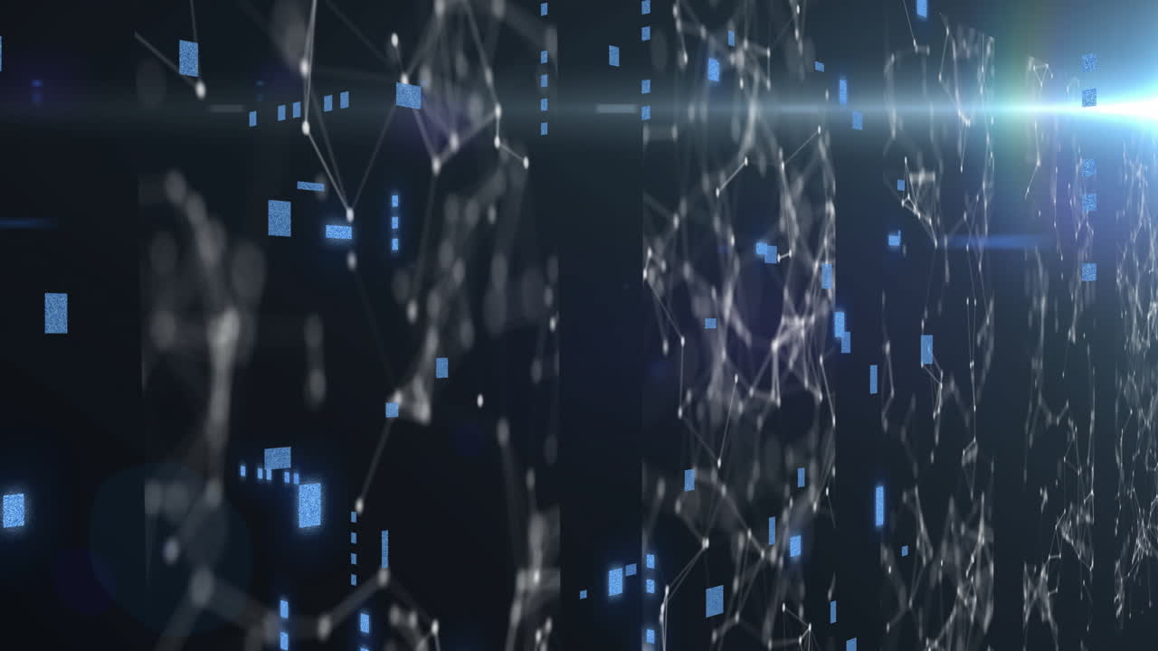 Animation of data processing and networks of connections over black background