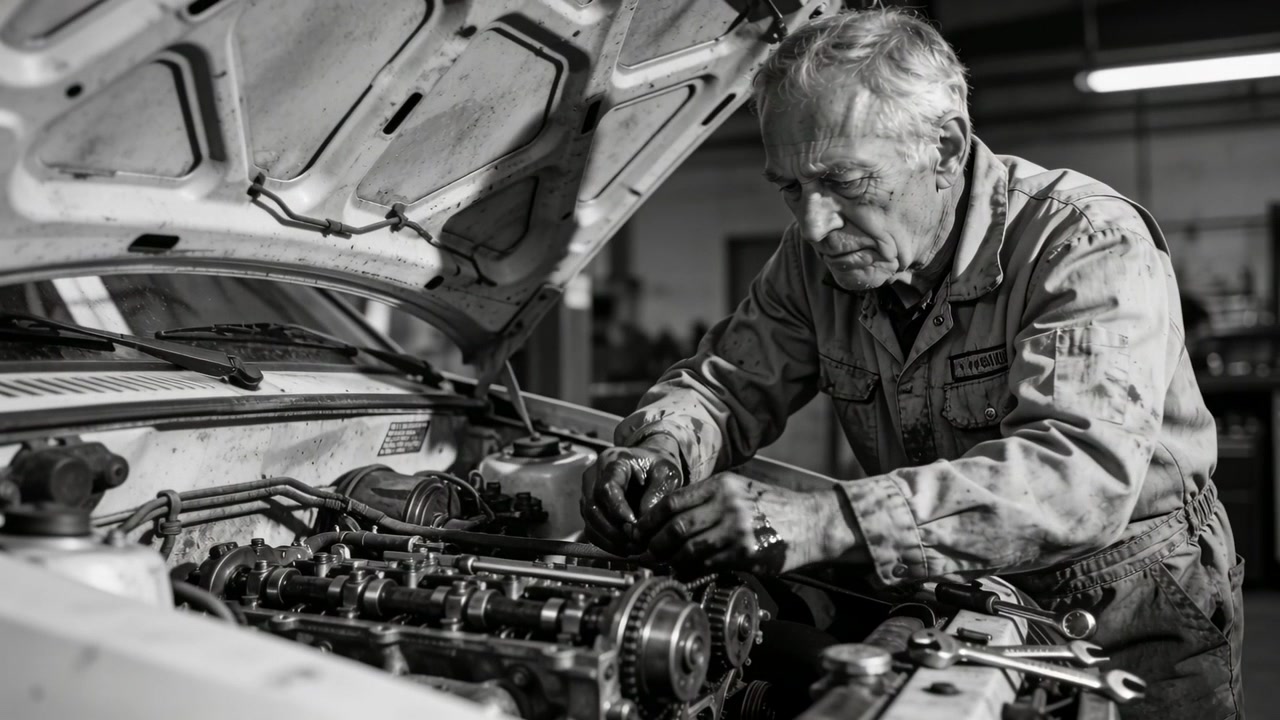 Hood propped open, leaning senior mechanic in greasy jumpsuit adjusting camshaft for repair in shop