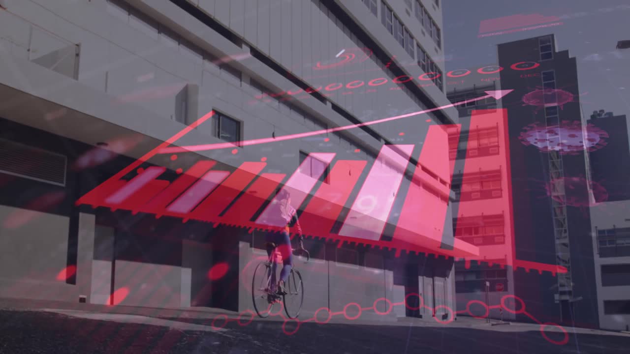 자전거를 타는 여성에 대한 코로나바이러스 디지털 인터페이스