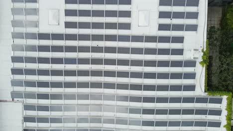 Stunning top down aerial of photovoltaic solar panels covering the rooftop of a large office building on a sunny day