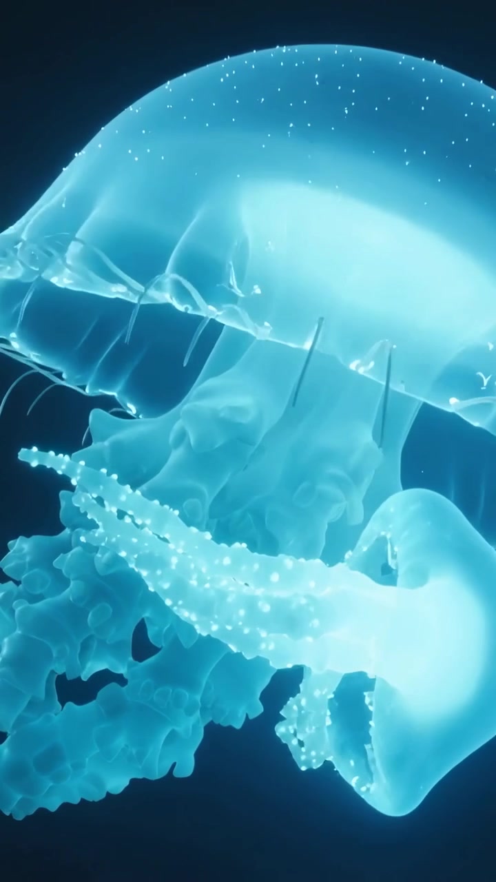 Video verticale: Medusa pulsante che si contrae per muoversi in acqua scura, estendendo i bracci orali.