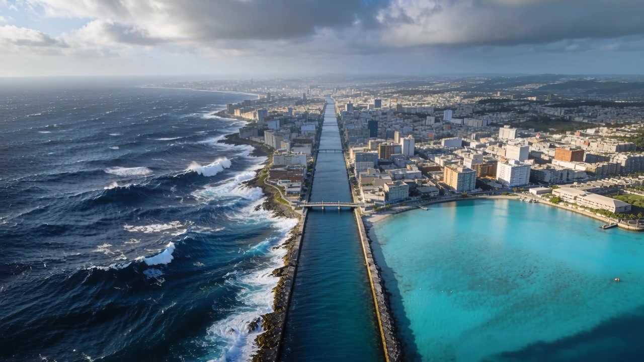 Drone che segue un canale verso la città, il movimento in avanti rivela un ponte, un oceano agitato e una laguna calma.