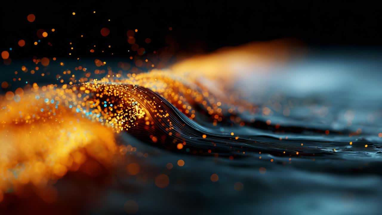 An abstract representation of dynamic waves illuminated by glowing particles, showcasing vibrant orange hues against a dark backdrop, creating a mesmerizing visual effect of motion and depth