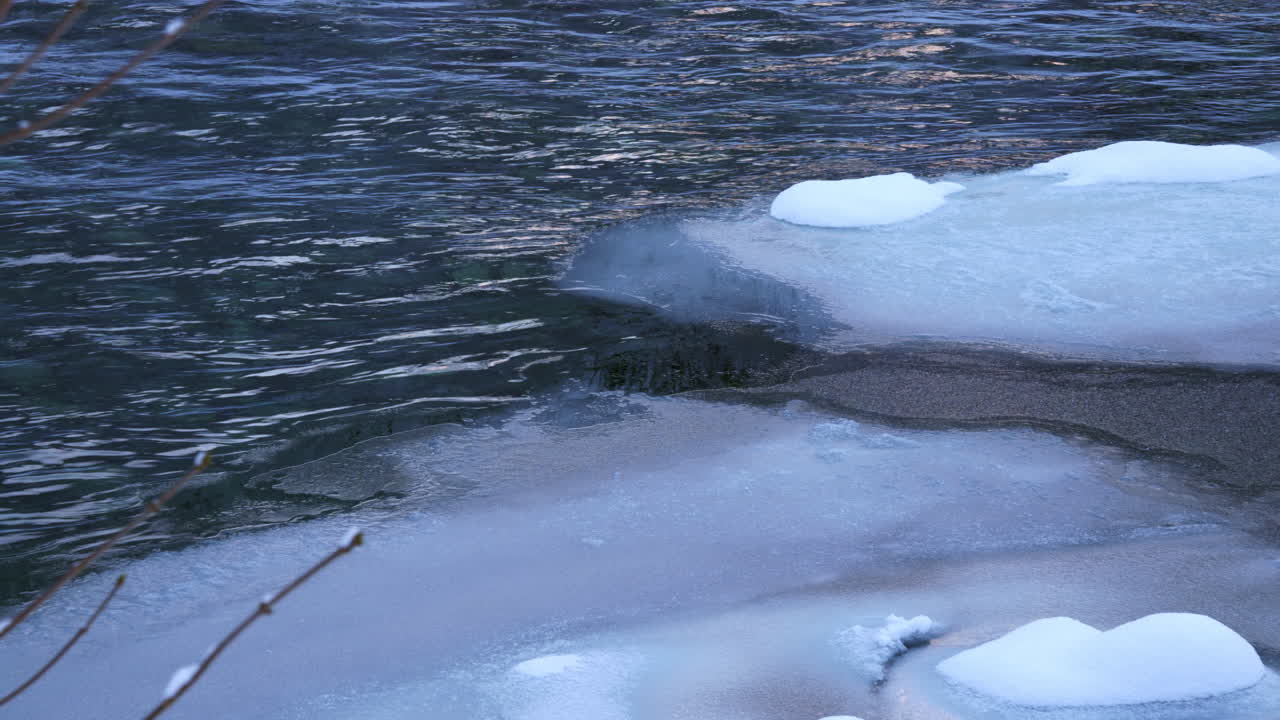Close up of river with ice and snow